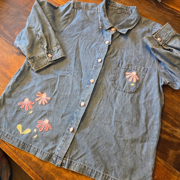 Christopher & Banks Tops - Vintage Christopher Banks Denim Shirt Dress Pink Floral Embroidered ButtonUp Med